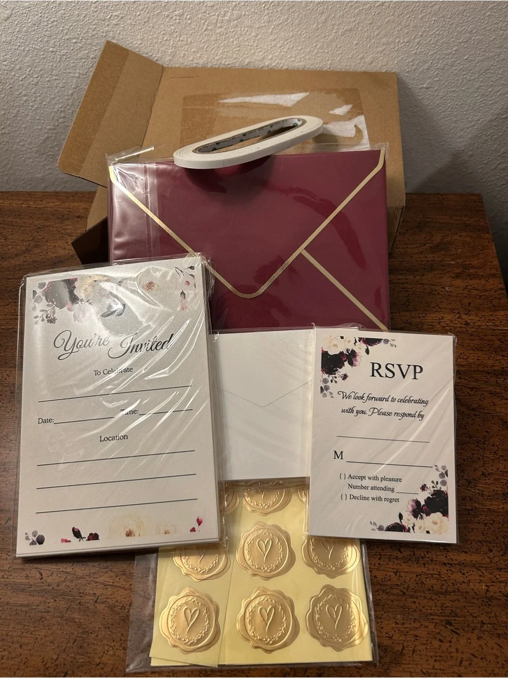 Elegant Burgundy and Gold Wedding Invitation Set of 25